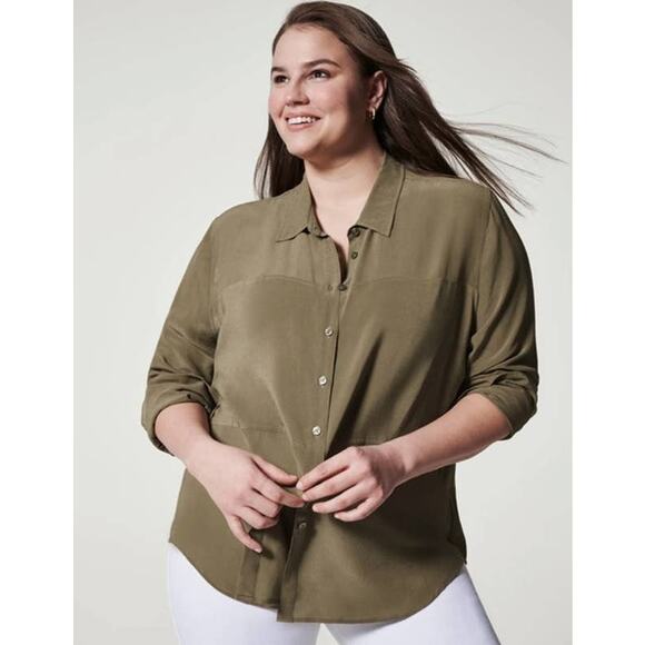 Spanx Low Maintenance Washable Silk Button Down – Olive Green – Size Medium - Picture 2 of 7